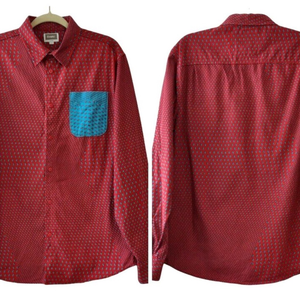 Altamont Mens Red Blue Polka Dot LS Button Up Contrast Pocket Shirt Top Large